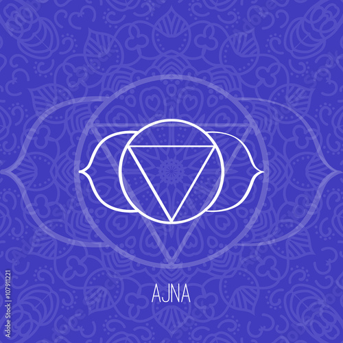 Lines geometric illustration of one of the seven chakras - Ajna on blue background, the symbol of Hinduism, Buddhism.