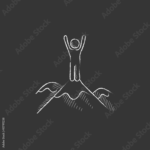 Man standing on top of mountain. Drawn in chalk icon.