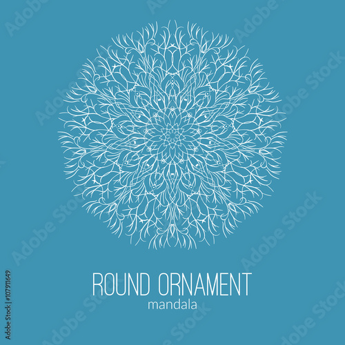 Vector hand drawn white floral mandala circle ornament isolated on the blue background.