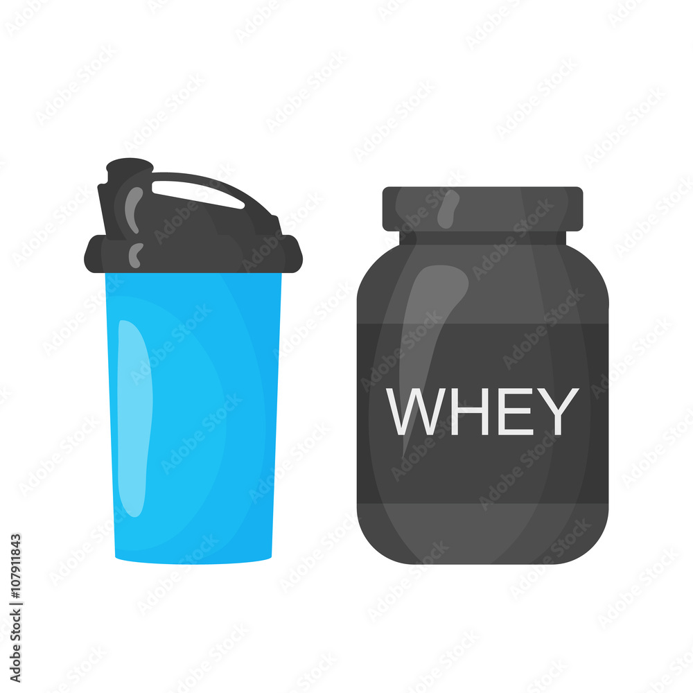 Protein and shaker icon isolated on the white background. Sports equipment illustration set for gym or fitness flayers Protein and shaker icon isolated on the white background. Sports equipment illustration set for gym or fitness flayers