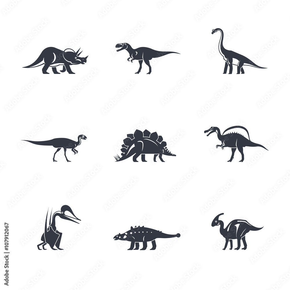 Dino icons set. Dinosaurs black silhouettes on white background. Vector illustration Dino icons set. Dinosaurs black silhouettes on white background. Vector illustration