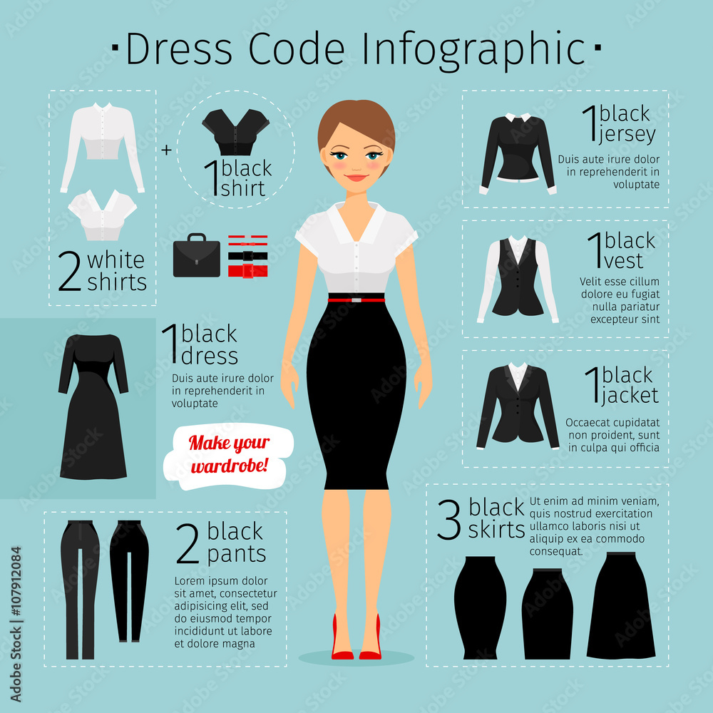 Business woman clothes infographics. Female Business dress code. Vector  illustration Stock Vector