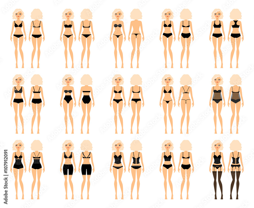 Vetor de Types of woman underwear. Pretty girl in bra and panties vector  illustration do Stock