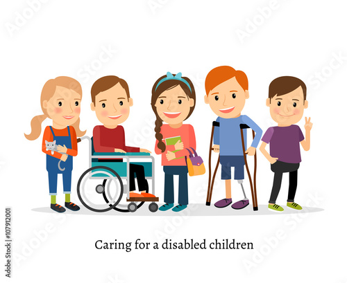 Disabled children or handicapped children with friends. Children with special needs vector illustration
