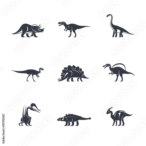 Dino icons set. Dinosaurs black silhouettes on white background. Vector illustration