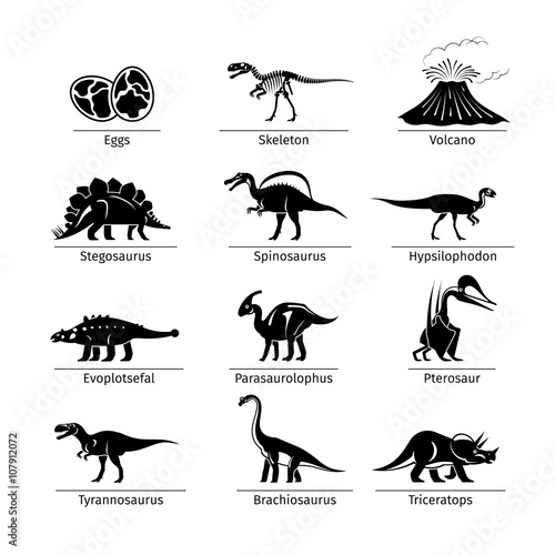 Dinosaur icons vector. Dinosaur egg and volcano, dinosaur skeleton and tyrannosaurus icons