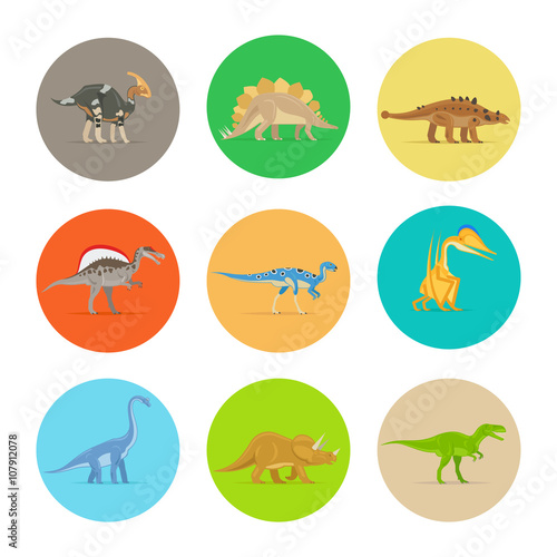 Dinosaurs flat colorful icons. Different types of dinosaurs in colored circles. Vector illustration