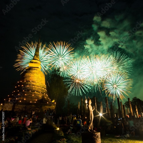 Fireworks with Loykrathong Festival, Historical Park Sukhothai, Thailand photo