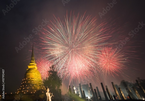 Fireworks with Loykrathong Festival, Historical Park Sukhothai, Thailand photo