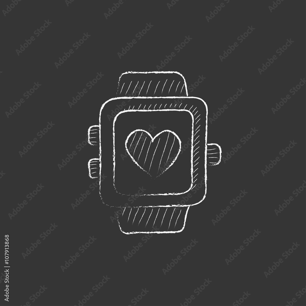 Smartwatch with heart sign. Drawn in chalk icon. Smartwatch with heart sign. Drawn in chalk icon.