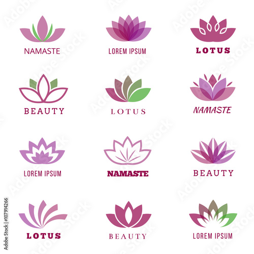 Vector spa, boutique, beauty salon, cosmetician, shop, yoga class, hotel and resort logo set with lotus flowers. Lotus namaste boutique, cosmetician lotus icon, lotus yoga class illustration