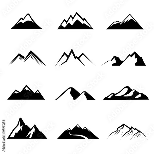 Mountains black vector icons. Mountain nature, outdoor mountain, peak mountain rock illustration