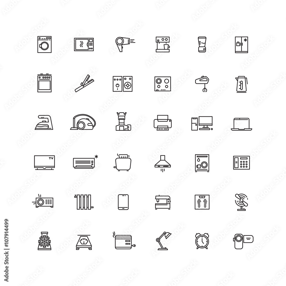 Household appliances line vector icons. Appliance equipment home, kitchen appliance, electronic appliance device illustration