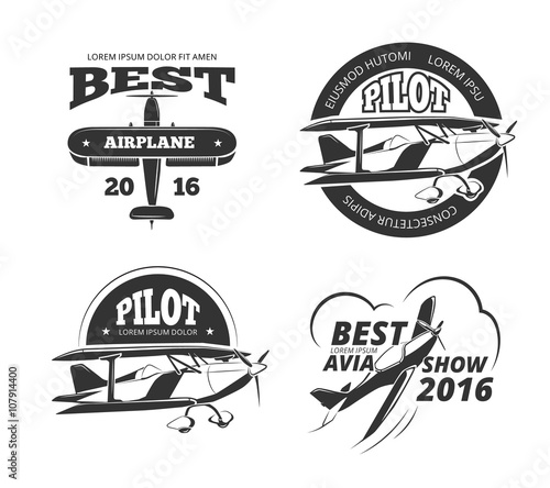 Retro airplane, aircraft vector labels set. Best pilot label, aeroplane or monoplane badge, emblem airplane transport, avia show airplane logo illustration