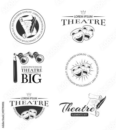 Theater acting entertainment performance vector retro labels, emblems, badges and logo. Emblem logo for theatre, comedy theatre logo, scenario paper theatre performance theatre logotype illustration