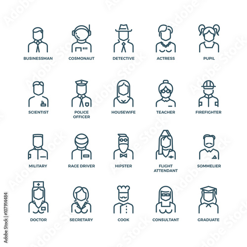 People avatars, characters staff, professions. Career people, manager profession, people profession, icon character professions. Vector illustration linear icons