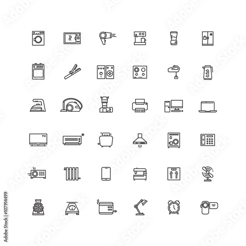 Household appliances line vector icons. Appliance equipment home, kitchen appliance, electronic appliance device illustration