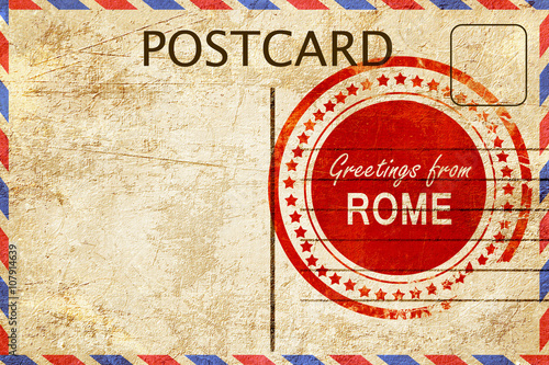 Canvas Print rome stamp on a vintage, old postcard