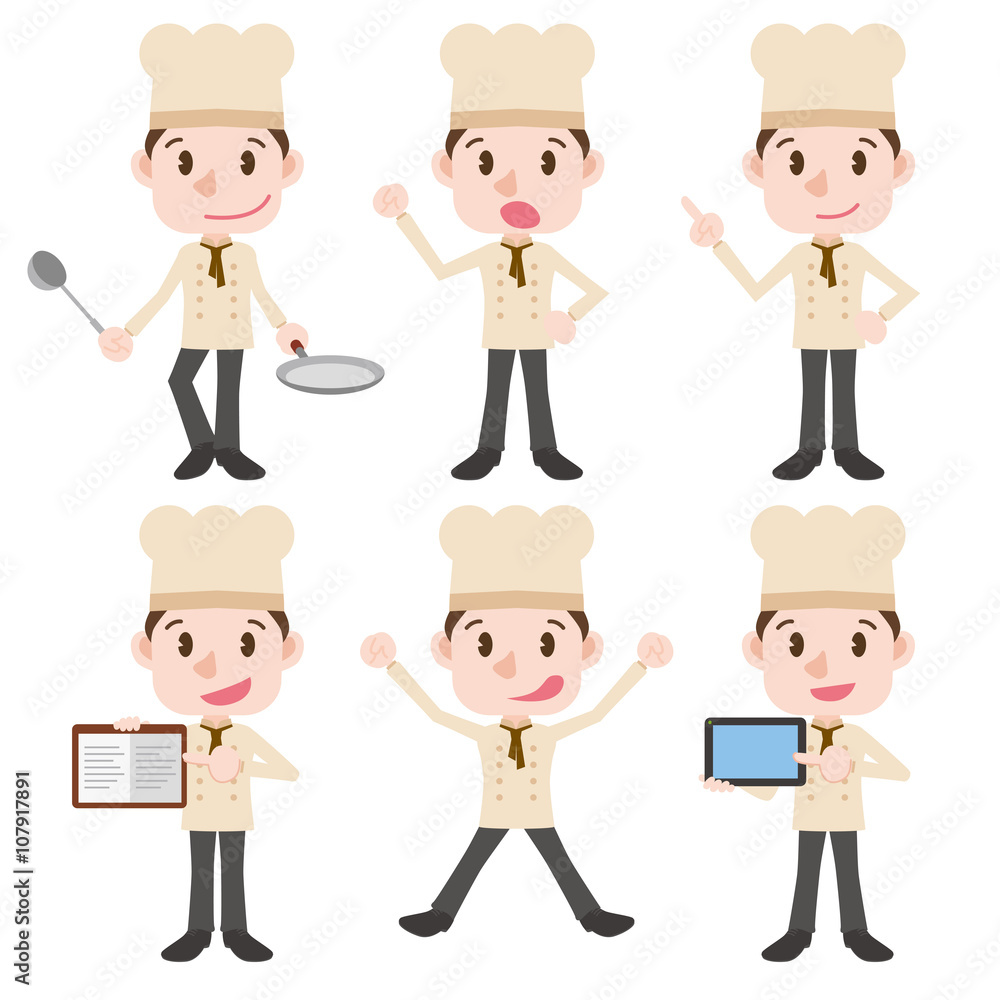 various posing character clip art set, young cook wearing white clothes, vector illustration various posing character clip art set, young cook wearing white clothes, vector illustration