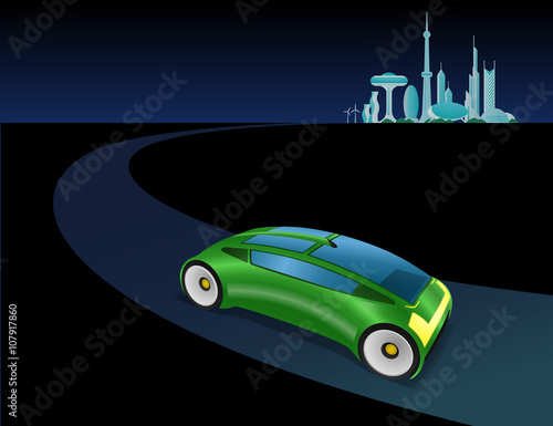 futuristic cityscape and vehicle on the curve road, vector illustration