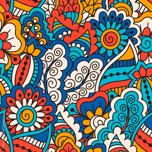 Hand drawn seamless pattern with floral elements. Colorful ethnic background. Pattern can be used for fabric, wallpaper or wrapping © ceramaama