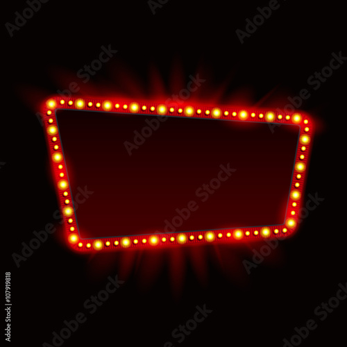 Retro Showtime Sign Design. Neon Lamps billboard on dark background. American advertisement, vector illustration. Cinema and theater Signage Light Bulbs Frame. 1950s Sign Design, Retro Signage, Sale.