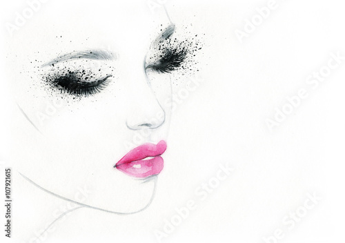 Beautiful woman face. Perfect makeup. Abstract fashion watercolor illustration