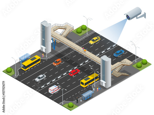 Isometric pedestrian bridge with a lift over the highway. Set of the isometric pedestrian bridge with a lift, bus, sedan, taxi, cargo, mini, ambulanse and bus stop. Vector illustration.