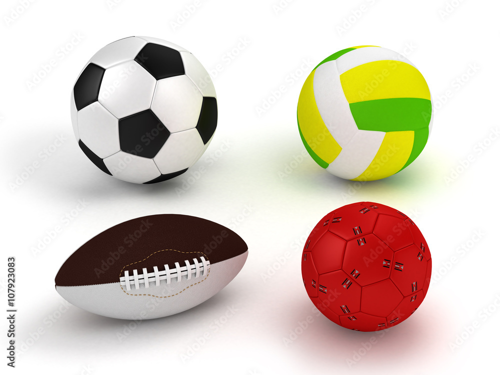 Sports balls set on white background.3D illustration.