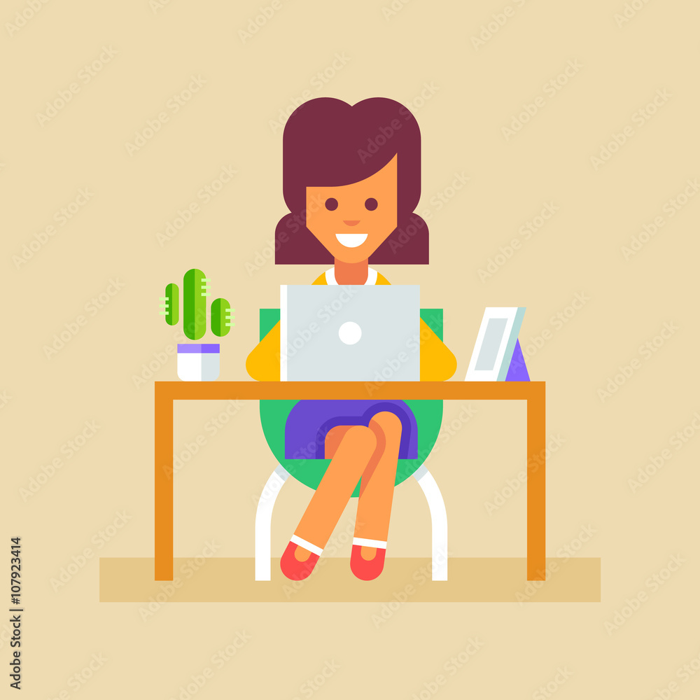 Young business woman or a secretary working at her office table with laptop. Vector illustration in flat style. Young business woman or a secretary working at her office table with laptop. Vector illustration in flat style.