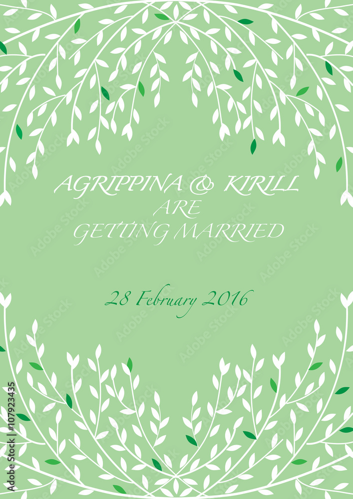 wedding invitation with white leaves  on a green background