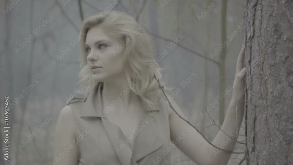 blonde woman in the forest with the smoke behind blonde woman in the forest with the smoke behind