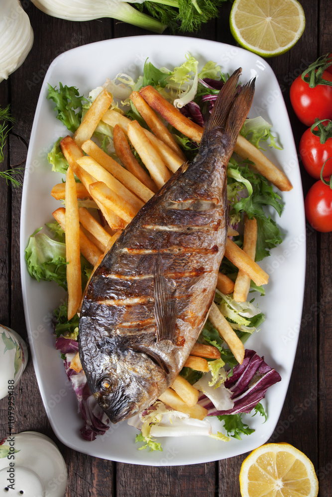 Grilled fish with french fries Grilled fish with french fries