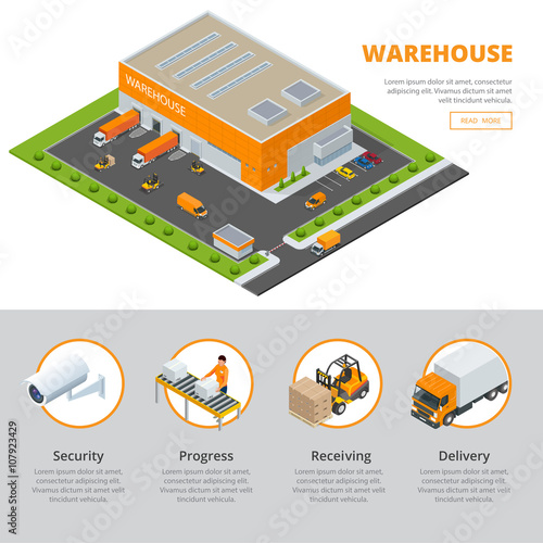 Page web design template Set of flat vector web banners on the theme of Logistics, Warehouse, Freight, Cargo Transportation. Storage of goods. Vector 3d isometric illustration