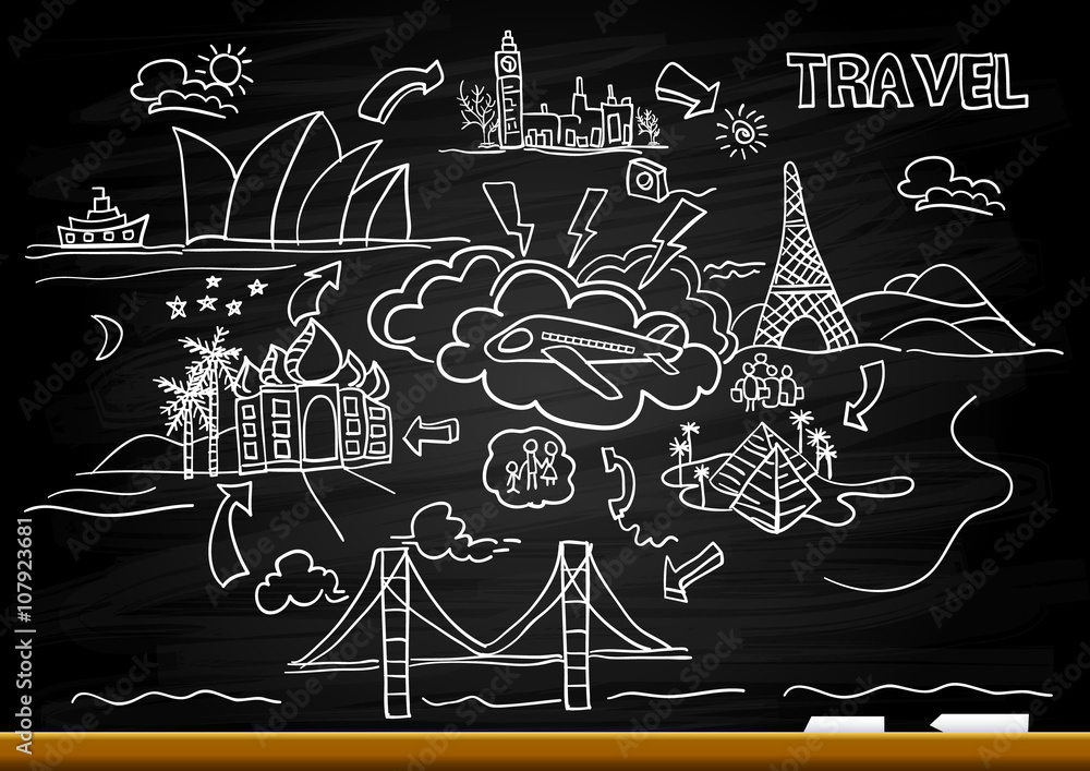 Travel collage with icons background. Vector illustration Travel collage with icons background. Vector illustration