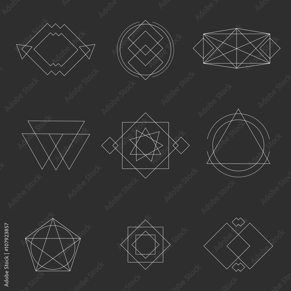Set geometric signs, labels, and frames. Triangles. Line design elements, vector illustration Set geometric signs, labels, and frames. Triangles. Line design elements, vector illustration