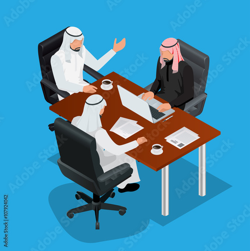 Business meeting concept, International Business, Arabic businessman presenting his ideas to colleagues for success investments at bright modern office room. 3d flat isometric vector illustration.