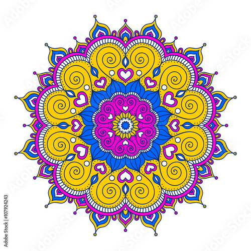 Vector hand drawn doodle mandala with hearts. Ethnic mandala with colorful ornament. Isolated. Pink, white, yellow, blue colors.