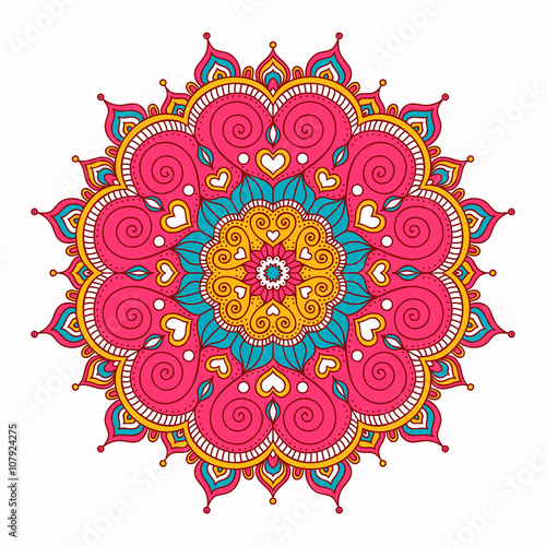Vector hand drawn doodle mandala with hearts. Ethnic mandala with colorful ornament. Isolated. Pink, white, yellow, blue colors.