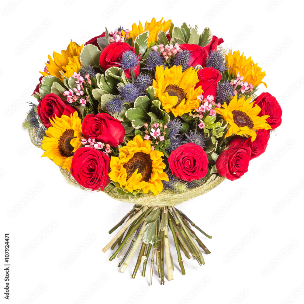 Obraz premium Yellow and red flowers bouquet isolated on white