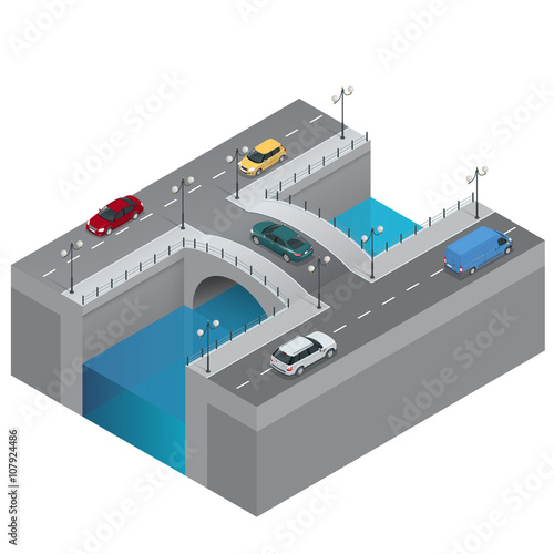 Road and bridge over the river. City traffic. Bridge flat 3d isometric vector illustration. Isometric bridge over the river. Commercial transport. Various types of load and cargo. 