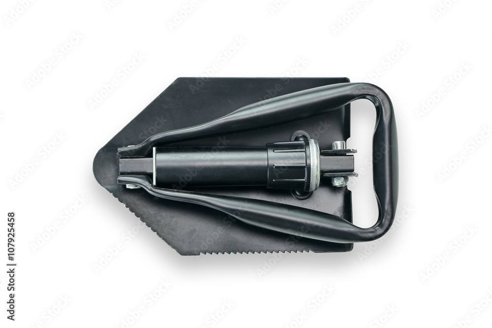 Black folding camping shovel isolated on white background Black folding camping shovel isolated on white background
