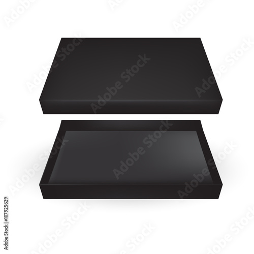 VECTOR PACKAGING: Top view of open black packaging box on isolated white background. Mock-up template ready for design.