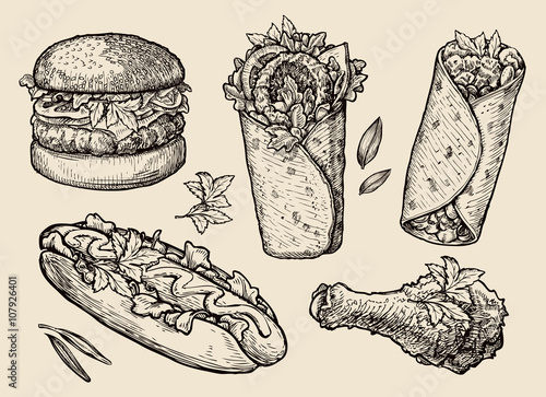 fast food. Hand drawn hamburger, burger, pizza, sandwich, chicken leg, hot dog, burrito, shawarma, gyros, pita bread. Sketch vector illustration