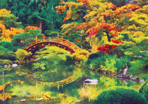Japanese garden with bridge over a pond. Digital imitation of impressionism oil painting.
