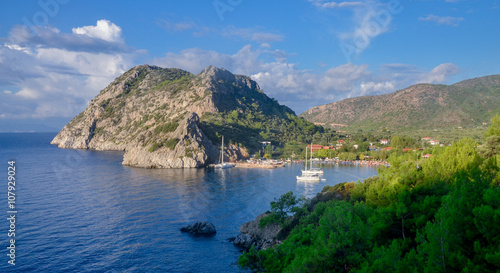 headland of Adatepe Burnu and yachts in Hayitbuku marina  Mesudiye, Datca, Turkey © ssmalomuzh