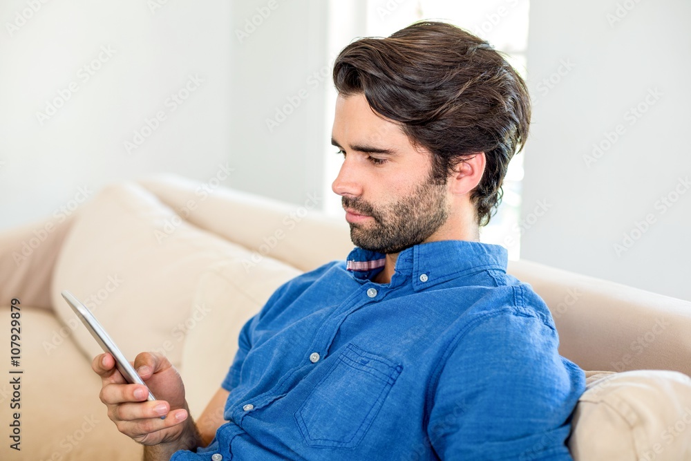 Fototapeta premium Handsome man using mobile phone at home