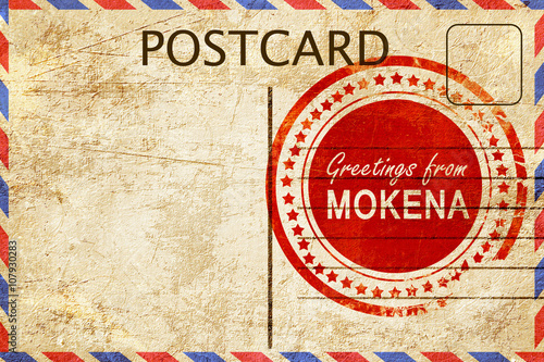 mokena stamp on a vintage, old postcard photo