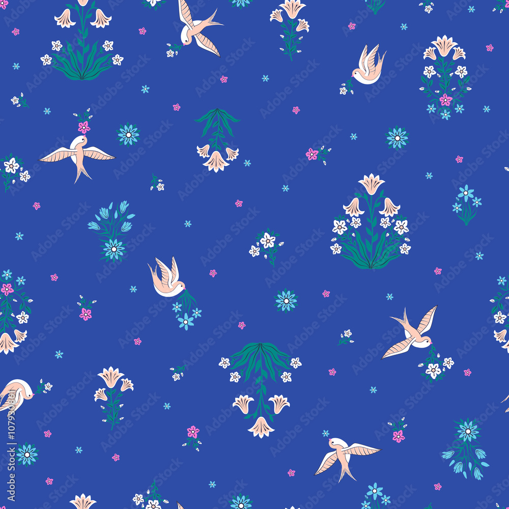 vector seamless gentle romantic little ditsy pattern, wild flowers symmetric bouquets, flying swallow birds, summer mood, colorful background allover print.