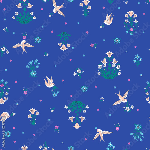 vector seamless gentle romantic little ditsy pattern, wild flowers symmetric bouquets, flying swallow birds, summer mood, colorful background allover print.